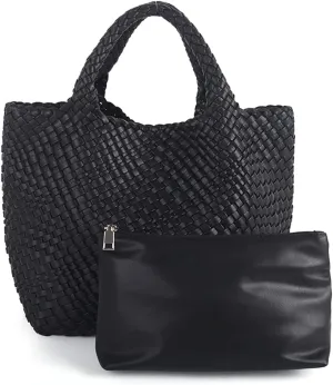 Woven Vegan Leather Handmade Tote for Women - Summer Beach Travel Hand Bag, Purse, Satchel Handbag