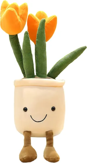 WUZHOU Tulip Plush Toy, 13.7" Flower Pot Stuffed Plushie Pillow Decoration, Soft Fluffy Toy Succulent Plants Friend Throw Pillow, Multicolor (Orange-Tulip)