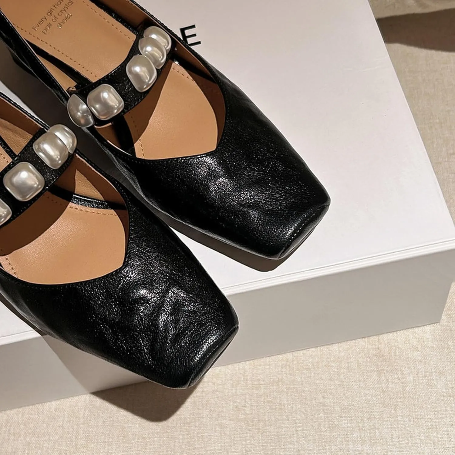 XIEDA Women's Genuine Leather Low Chunky Heel Pumps with Pearl Square Toe Dress Shoes