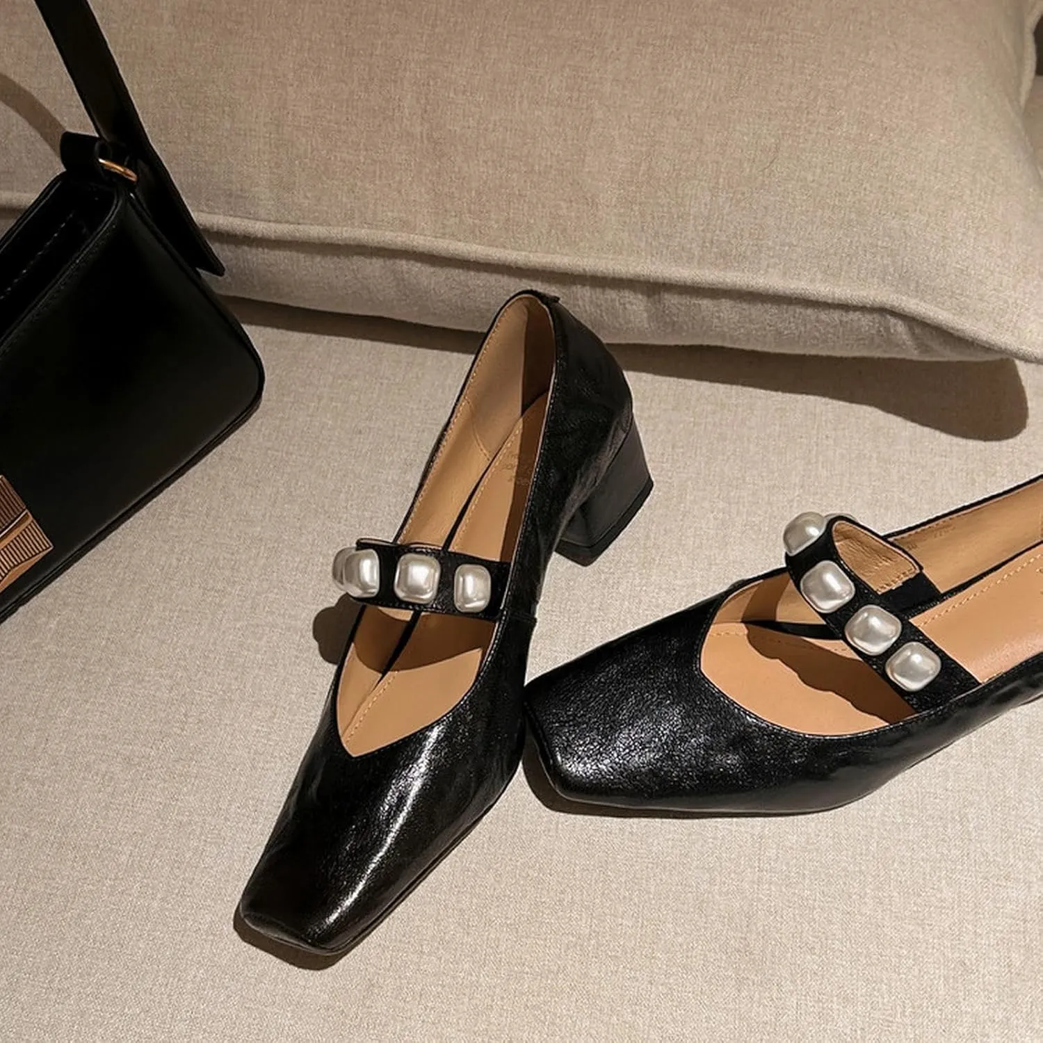 XIEDA Women's Genuine Leather Low Chunky Heel Pumps with Pearl Square Toe Dress Shoes