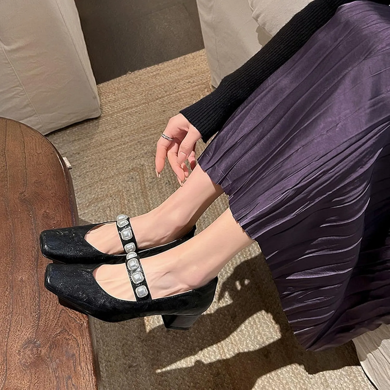 XIEDA Women's Genuine Leather Low Chunky Heel Pumps with Pearl Square Toe Dress Shoes