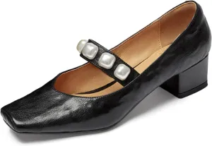 XIEDA Women's Genuine Leather Low Chunky Heel Pumps with Pearl Square Toe Dress Shoes