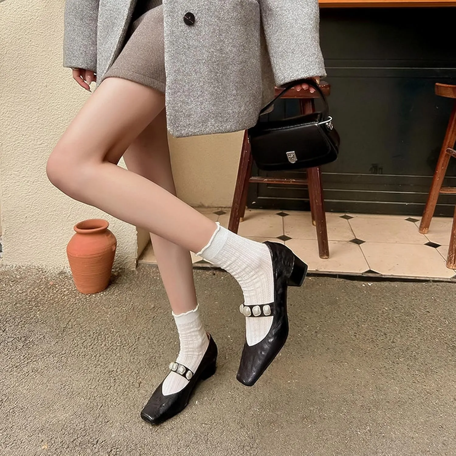 XIEDA Women's Genuine Leather Low Chunky Heel Pumps with Pearl Square Toe Dress Shoes