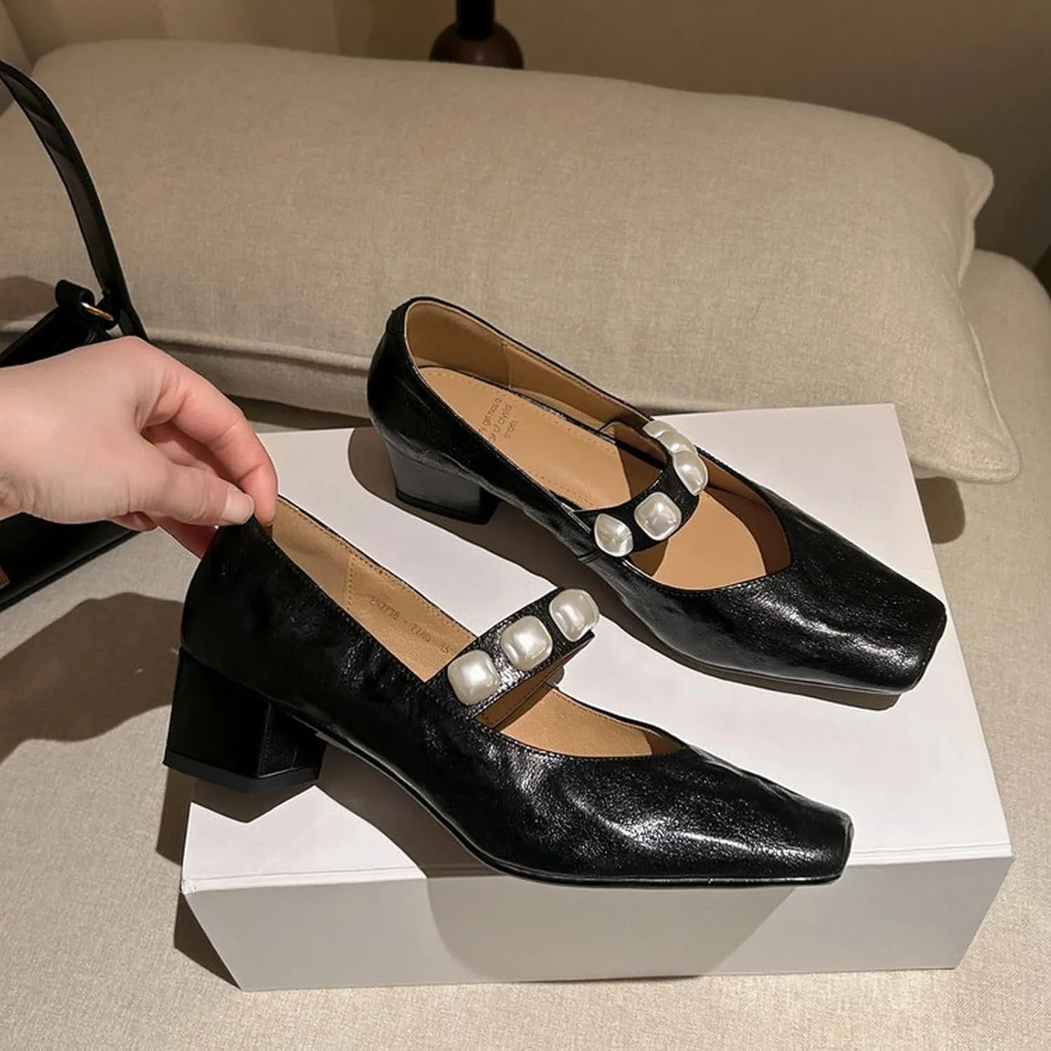 XIEDA Women's Genuine Leather Low Chunky Heel Pumps with Pearl Square Toe Dress Shoes