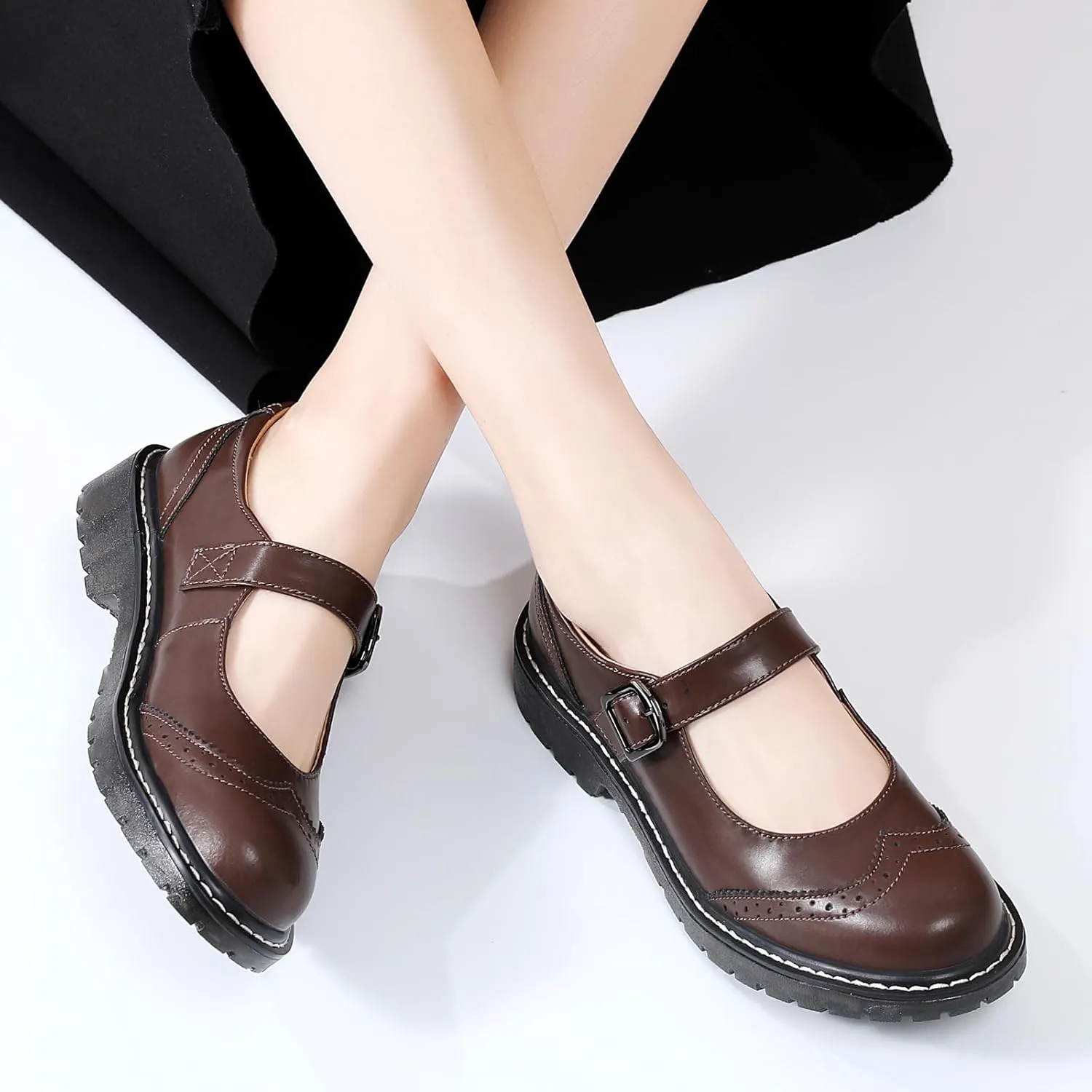 XMM Mary Jane Shoes Women Mary Janes Flats Ladies Oxford Shoes for Women Comfort Leather Round Toe Non-Slip Dressy Casual Cute Girls School Work Shoes