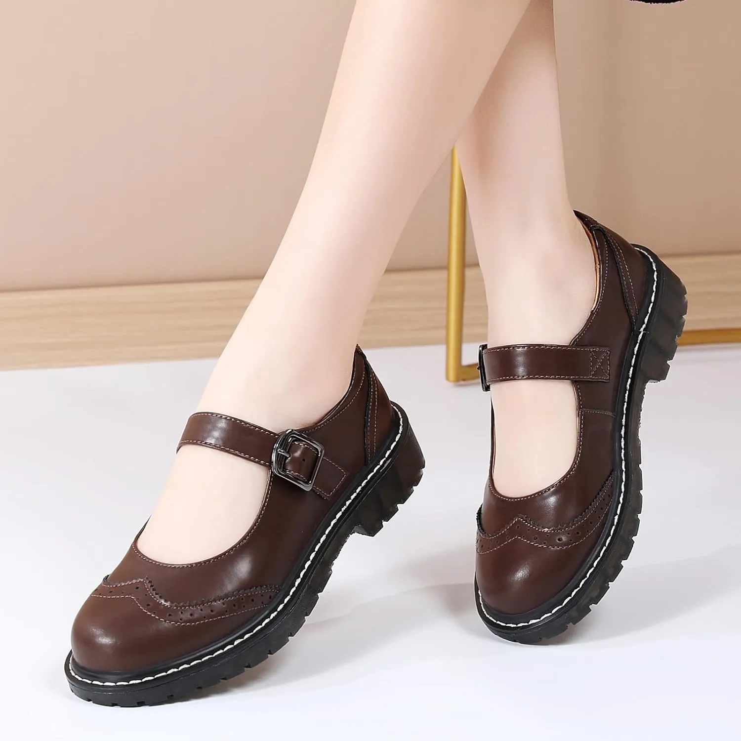 XMM Mary Jane Shoes Women Mary Janes Flats Ladies Oxford Shoes for Women Comfort Leather Round Toe Non-Slip Dressy Casual Cute Girls School Work Shoes
