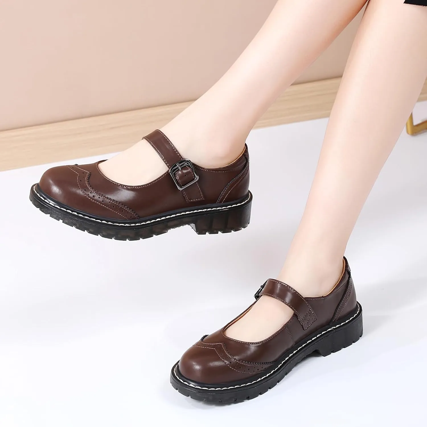 XMM Mary Jane Shoes Women Mary Janes Flats Ladies Oxford Shoes for Women Comfort Leather Round Toe Non-Slip Dressy Casual Cute Girls School Work Shoes