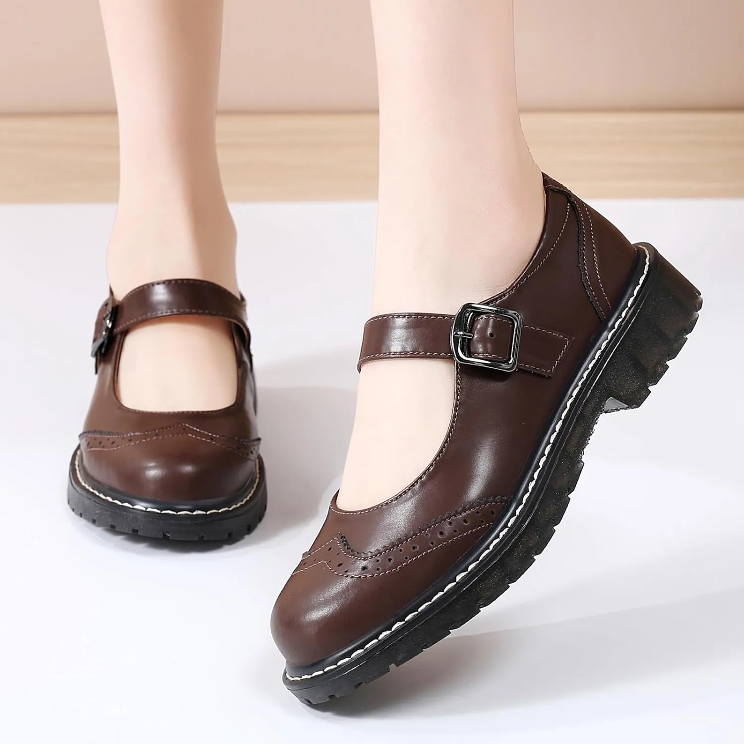 XMM Mary Jane Shoes Women Mary Janes Flats Ladies Oxford Shoes for Women Comfort Leather Round Toe Non-Slip Dressy Casual Cute Girls School Work Shoes