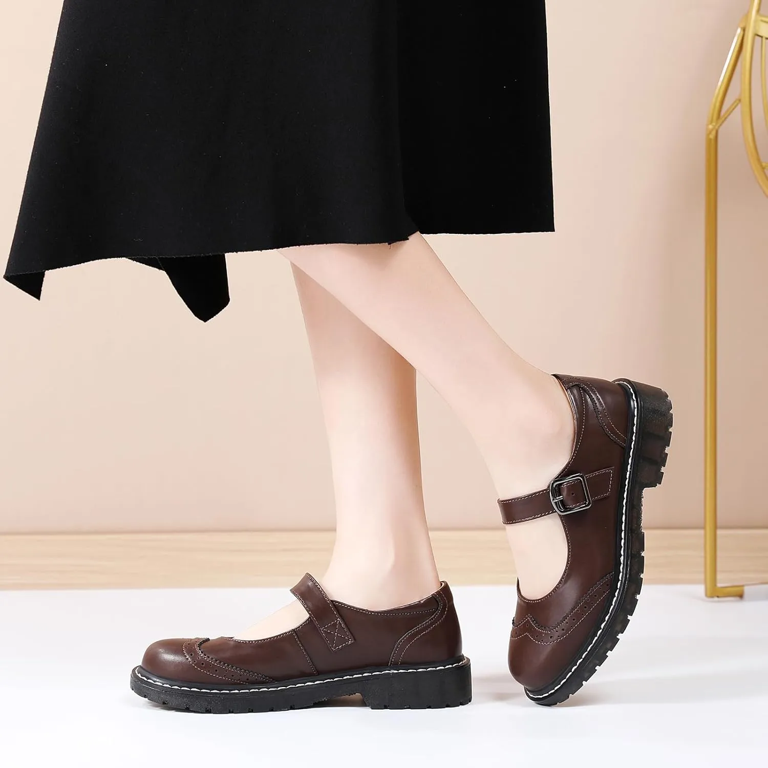 XMM Mary Jane Shoes Women Mary Janes Flats Ladies Oxford Shoes for Women Comfort Leather Round Toe Non-Slip Dressy Casual Cute Girls School Work Shoes