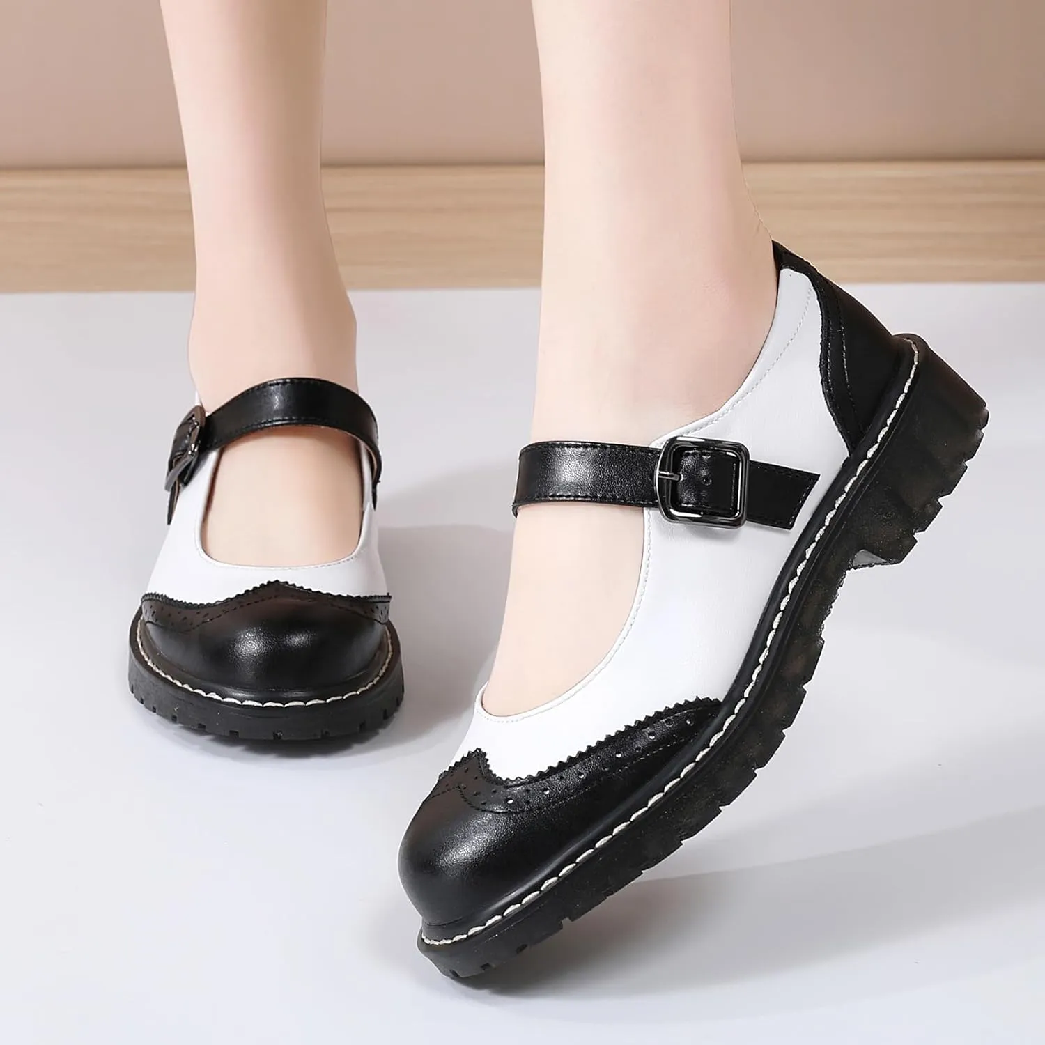 XMM Mary Jane Shoes Women Mary Janes Flats Ladies Oxford Shoes for Women Comfort Leather Round Toe Non-Slip Dressy Casual Cute Girls School Work Shoes