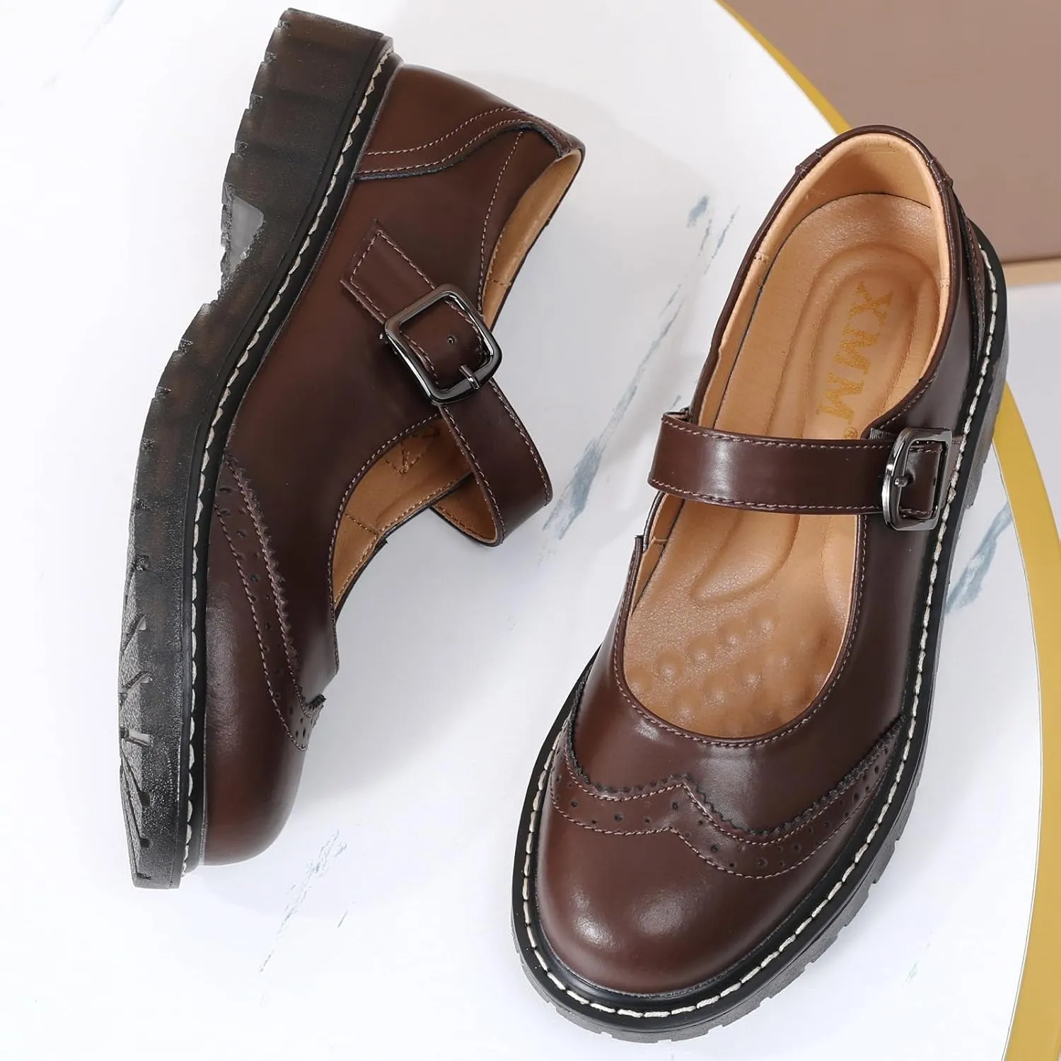 XMM Mary Jane Shoes Women Mary Janes Flats Ladies Oxford Shoes for Women Comfort Leather Round Toe Non-Slip Dressy Casual Cute Girls School Work Shoes
