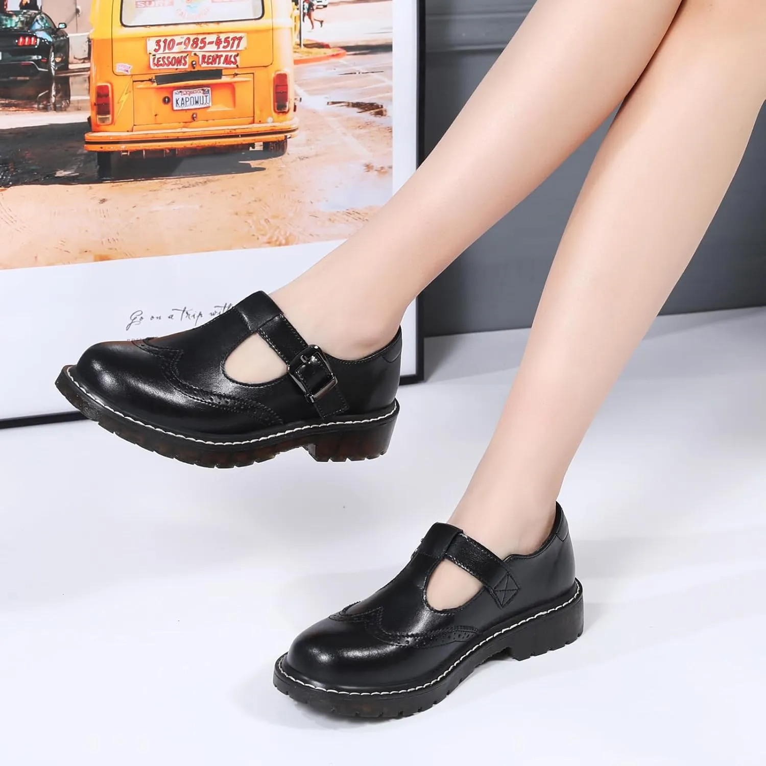 XMM Mary Jane Shoes Women Oxford Shoes Leather Round Toe Flats Non-Slip Ankle Buckle Strap Comfort Casual Dressy Cosplay Party School Work Shoes