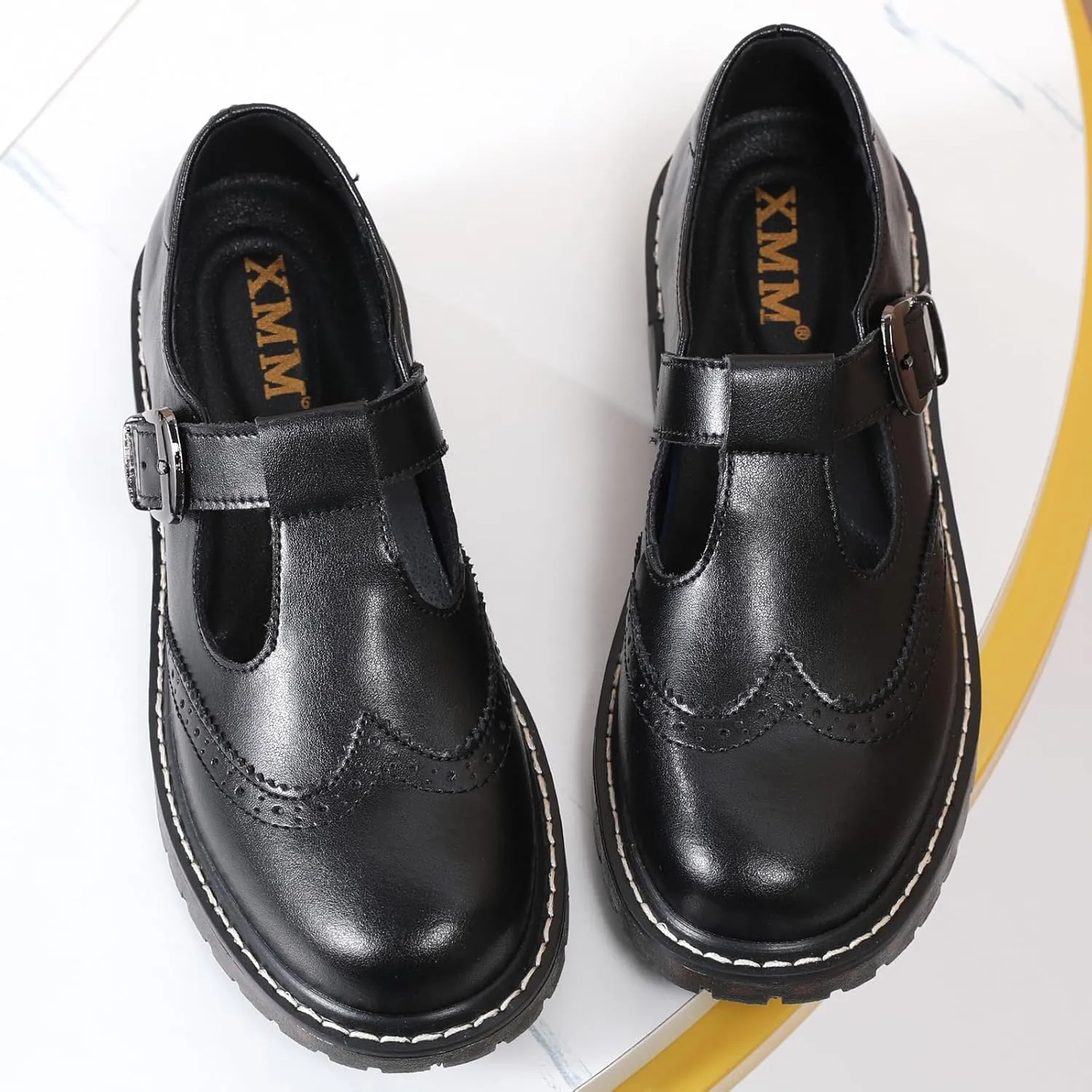 XMM Mary Jane Shoes Women Oxford Shoes Leather Round Toe Flats Non-Slip Ankle Buckle Strap Comfort Casual Dressy Cosplay Party School Work Shoes