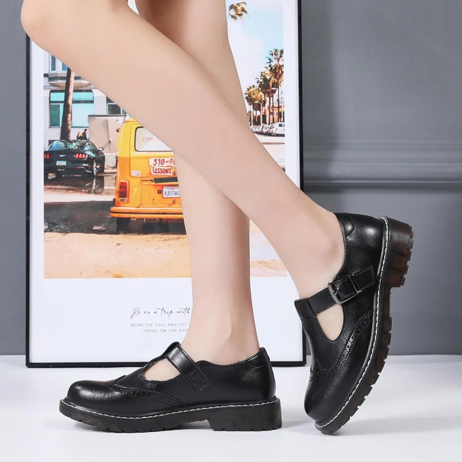 XMM Mary Jane Shoes Women Oxford Shoes Leather Round Toe Flats Non-Slip Ankle Buckle Strap Comfort Casual Dressy Cosplay Party School Work Shoes