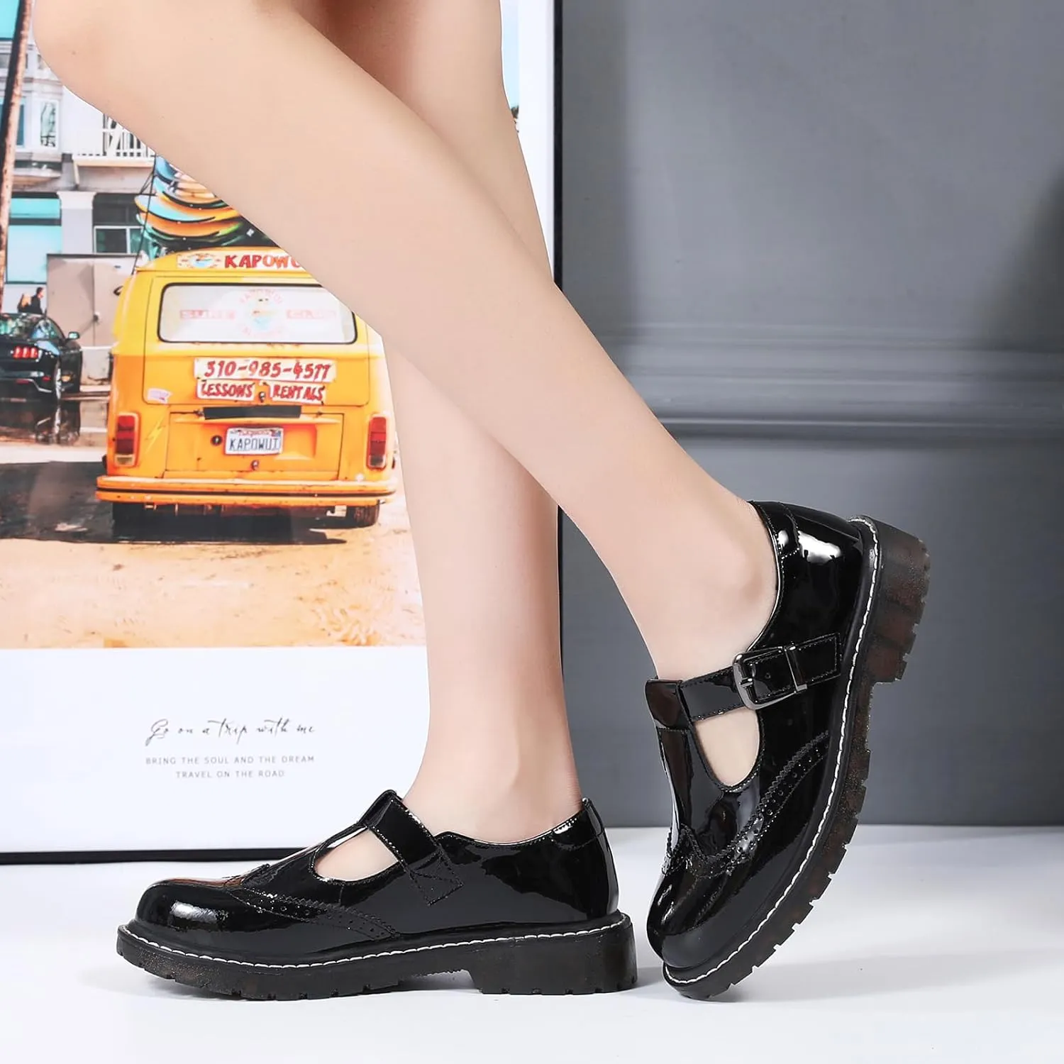 XMM Mary Jane Shoes Women Oxford Shoes Leather Round Toe Flats Non-Slip Ankle Buckle Strap Comfort Casual Dressy Cosplay Party School Work Shoes