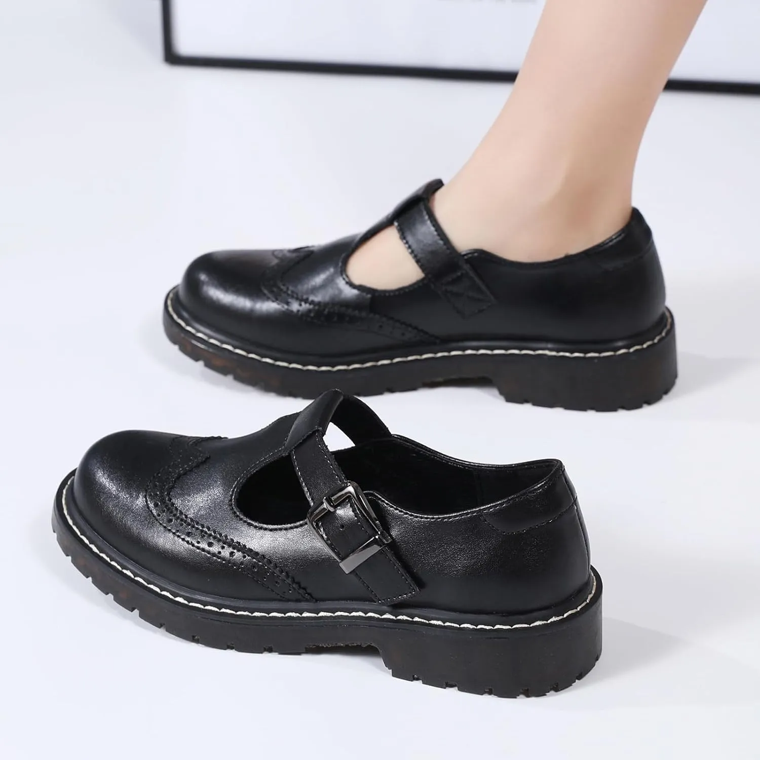 XMM Mary Jane Shoes Women Oxford Shoes Leather Round Toe Flats Non-Slip Ankle Buckle Strap Comfort Casual Dressy Cosplay Party School Work Shoes