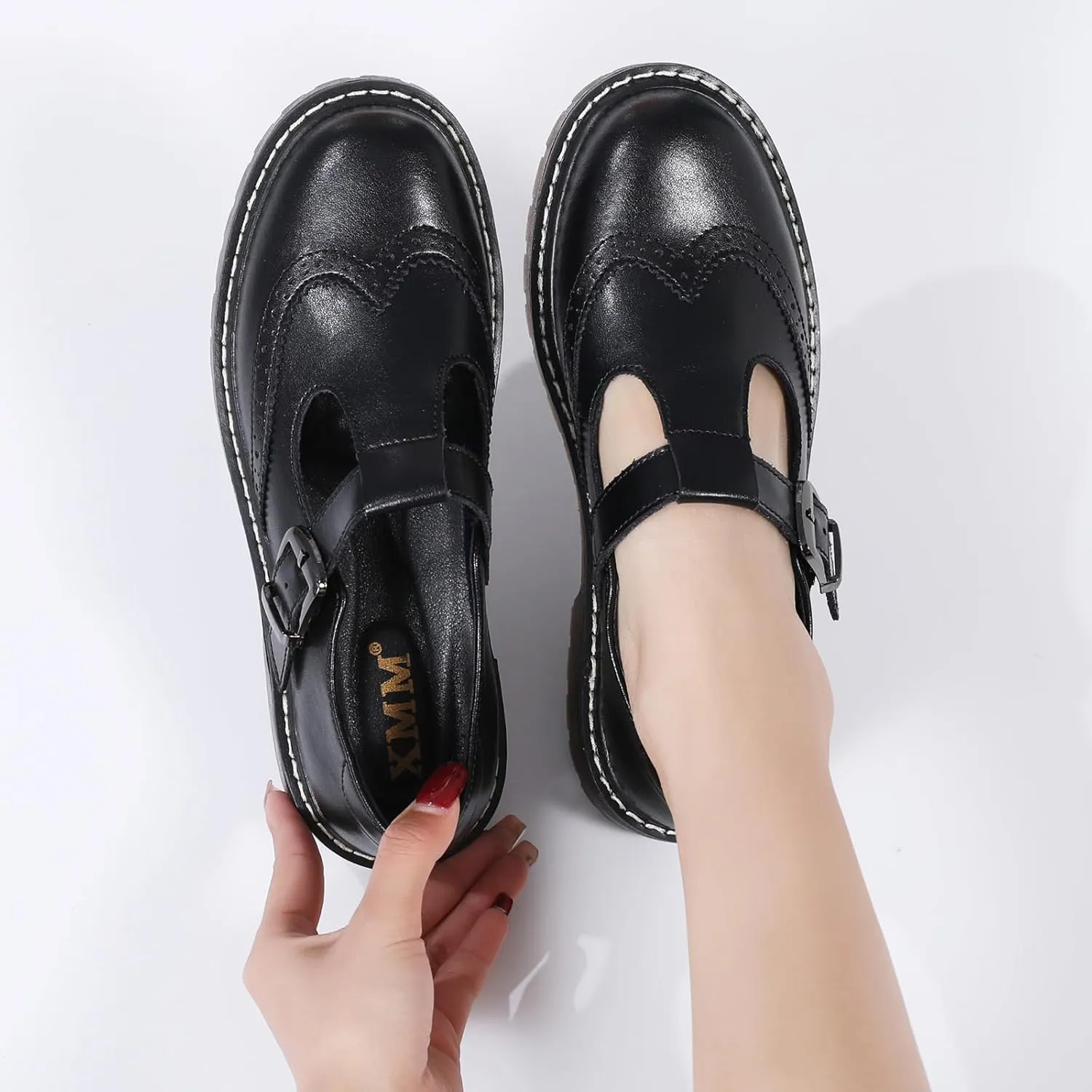 XMM Mary Jane Shoes Women Oxford Shoes Leather Round Toe Flats Non-Slip Ankle Buckle Strap Comfort Casual Dressy Cosplay Party School Work Shoes