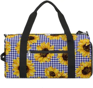 Yellow Sunflowers on Plaid Water Resistant Gym Bag with Shoe Compartment, Travel Duffel Tote Bag Weekender Overnight Bag for Women Men