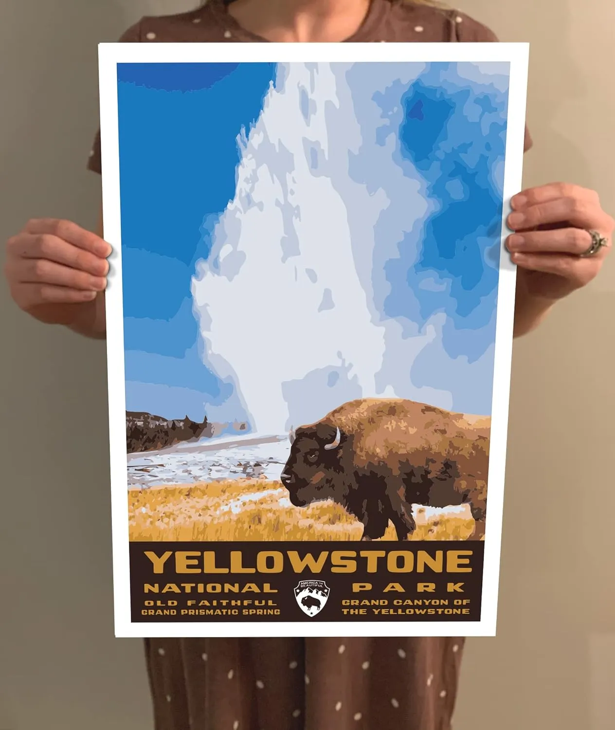 Yellowstone National Park Vintage-Style Travel Poster - 8x10-12x18-18x24-24x36 / 4x6 Postcard WPA Style Art Print Wyoming Montana Idaho USA Bison Old Faithful (12x18 Inch Poster)