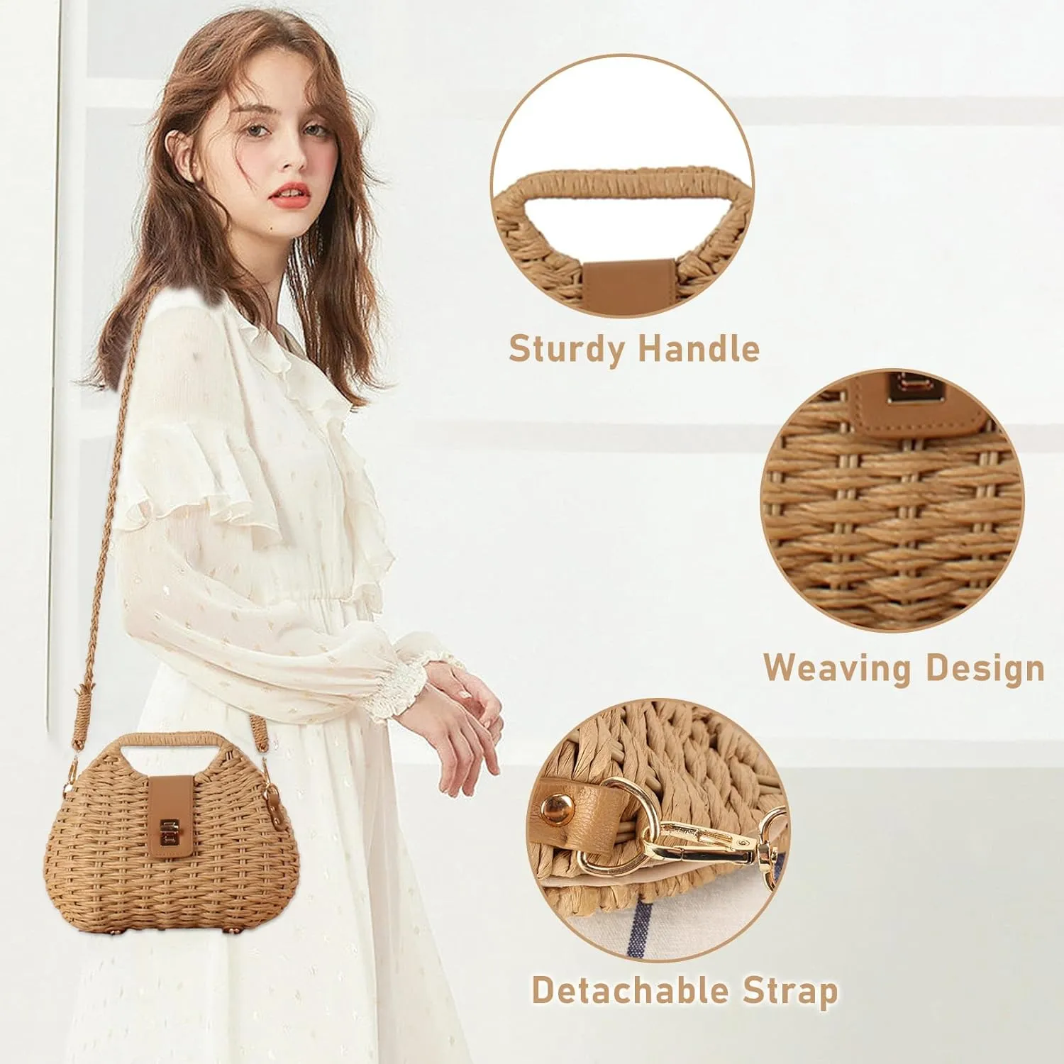YYW Straw Bag Women Woven Beach Handbag Basket Shape Tote Bags for Spring Summer Purse