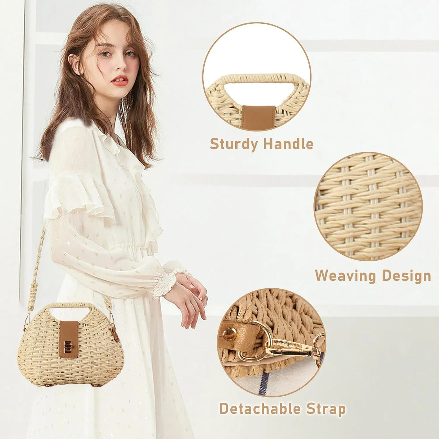 YYW Straw Bag Women Woven Beach Handbag Basket Shape Tote Bags for Spring Summer Purse
