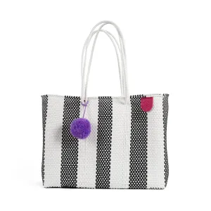 Zebra Woven Super Tote, Handwoven Recycled Plastic Tote, Mexican Woven Bag, Beach Bag, Summer Bag, Black & White Beach Bag, Water-Resistant Tote