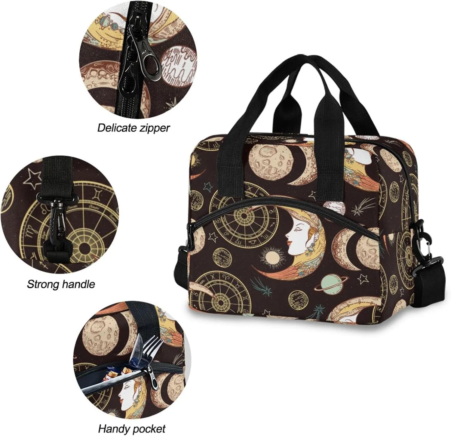 Zodiac Signs Moon Phases Lunch Bag Reusable Insulated Tote Bag Leakproof Cooler Bag with Adjustable Shoulder Strap for Women Men