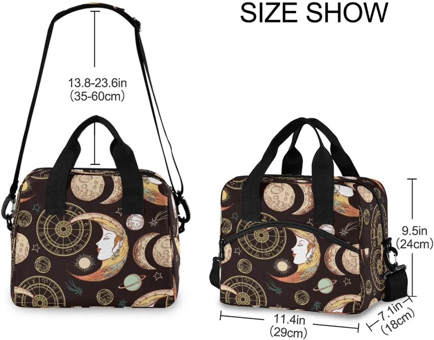 Zodiac Signs Moon Phases Lunch Bag Reusable Insulated Tote Bag Leakproof Cooler Bag with Adjustable Shoulder Strap for Women Men