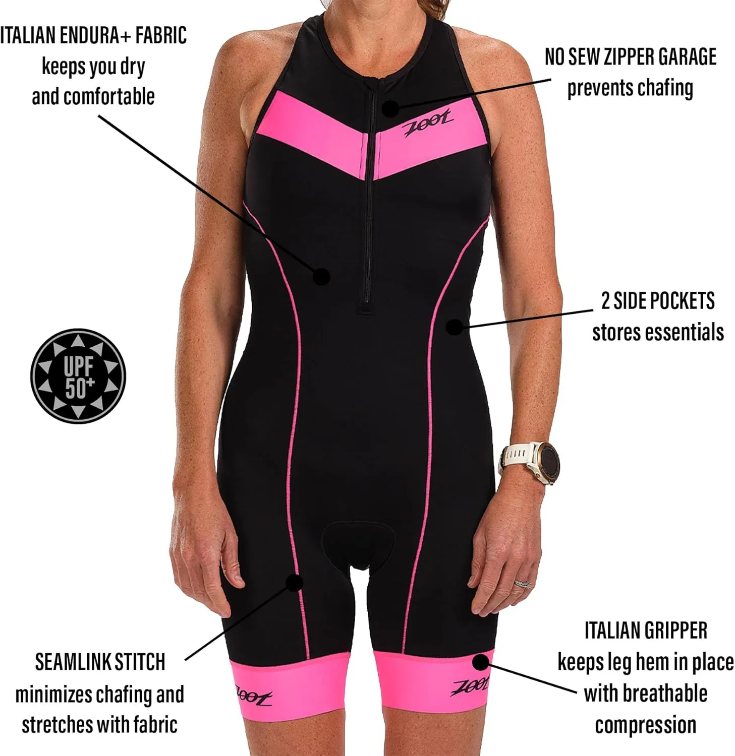 Zoot Women’s Core Aero Tri Racesuit, Sleeveless Triathlon Swim Bike Run Chamois Pad, Pockets, UPF 50  Quick Dry Fabric