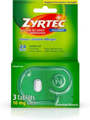 Zyrtec 24 Hour Allergy Relief Tablets, 10 mg Cetirizine HCl Antihistamine, Travel Size, 3 ct